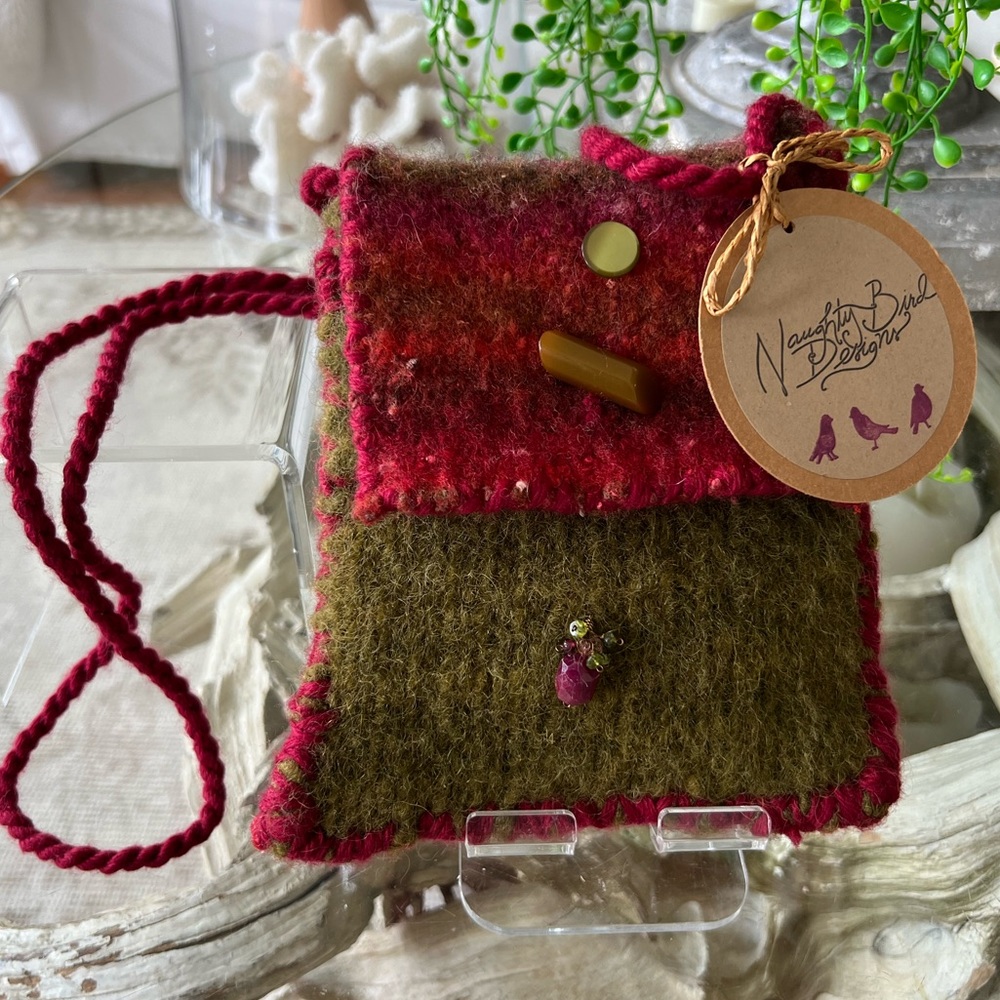Hand knit felted phone size crossbody bag by Naughty Bird Designs